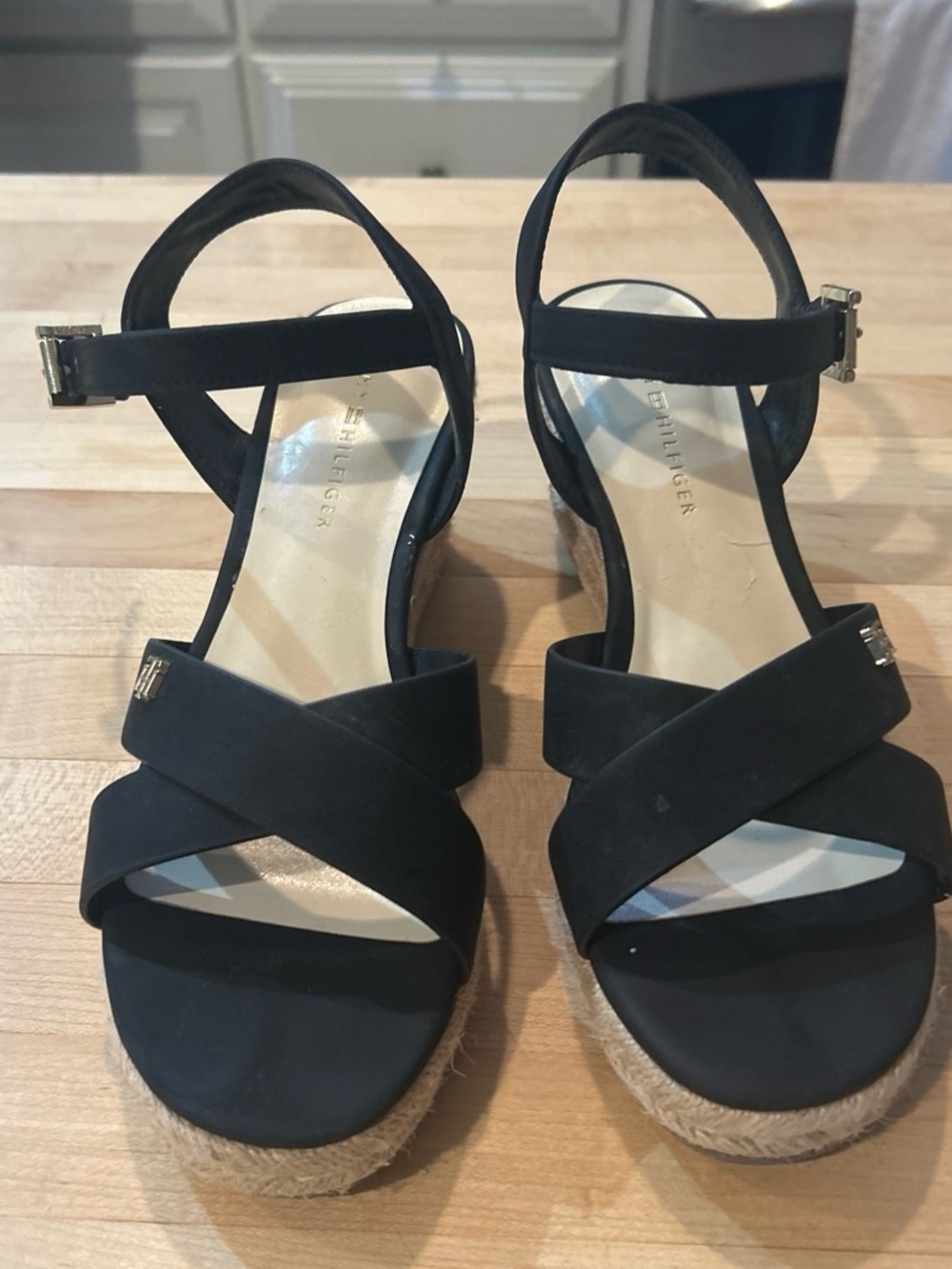 Tommy Hilfiger Black Espadrille Wedge Sandals with Ankle Strap
